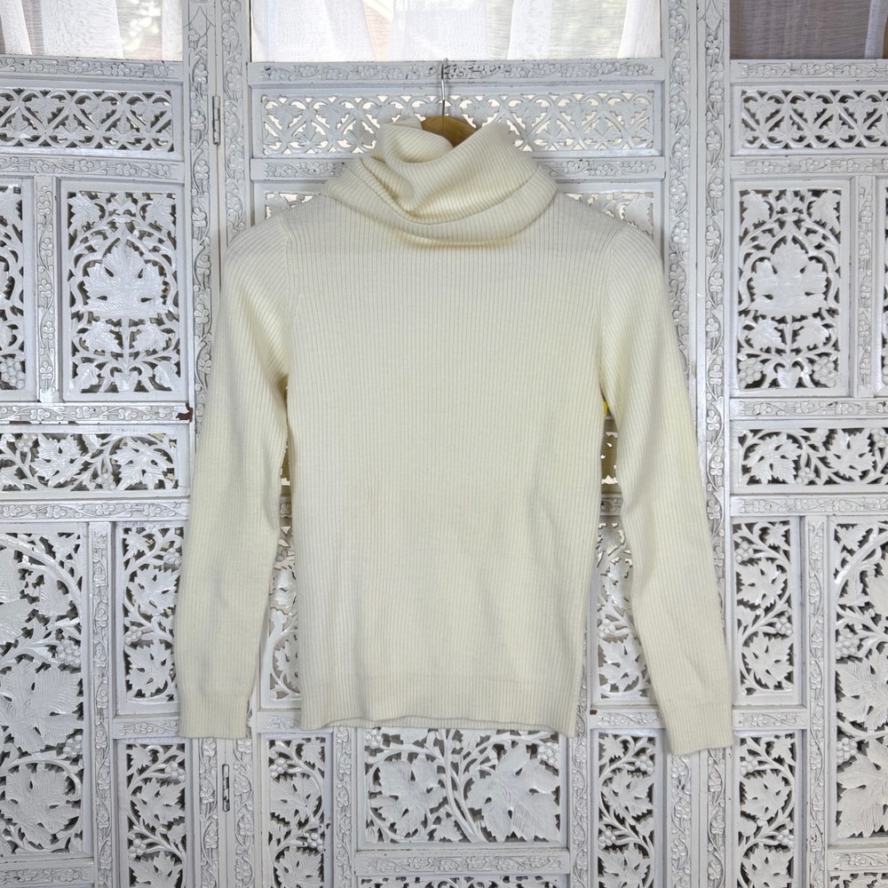 Vtg Deadstock Pure Wool Cream Cowl Neck Sweater Womens Medium Ribbed Retro